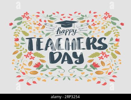 Illustrazione vettoriale Happy Teachers Day con attrezzature scolastiche per poster, brochure, banner e biglietti di auguri. Giornata mondiale degli insegnanti. 5 ottobre. Foto Stock