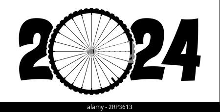 Buon anno 2024. Modello di linea delle ruote cicliche Cartoon. Icona sport. Logo o pittogramma della ruota del ciclista. Simbolo dei cerchi per bicicletta o bicicletta Foto Stock