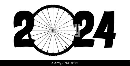 Buon anno 2024. Modello di linea delle ruote cicliche Cartoon. Icona sport. Logo o pittogramma della ruota del ciclista. Simbolo dei cerchi per bicicletta o bicicletta. calendario 2024, giorno Foto Stock