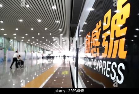 (180922) -- HONG KONG, 22 settembre 2018 -- il vibrante treno Express della ferrovia ad alta velocità Guangzhou-Shenzhen-Hong Kong arriva alla stazione ferroviaria di Guangzhou Sud durante una prova a Guangzhou, nella provincia del Guangdong della Cina meridionale, 22 settembre 2018. La cerimonia di apertura della sezione di Hong Kong della ferrovia ad alta velocità Guangzhou-Shenzhen-Hong Kong si è svolta qui sabato. L'amministratore delegato della HKSAR Lam Cheng Yuet-ngor ha dichiarato alla cerimonia di apertura che l'apertura della sezione ferroviaria di Hong Kong ha segnato il collegamento ufficiale della regione con la rete ferroviaria nazionale ad alta velocità. ) (LMM) CINA-HONG K. Foto Stock