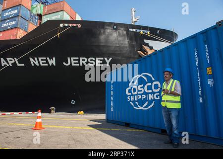 (180923) -- PORT SAID, 23 settembre 2018 -- Un lavoratore si trova accanto a un container di mostre egiziane del padiglione per la China International Import Expo, a Port Said, nell'Egitto nordorientale, 22 settembre 2018. La società cinese COSCO ha iniziato sabato a spedire le mostre del padiglione egiziano per la China International Import Expo che si terrà a Shanghai, nella Cina orientale, dal 5 al 10 novembre. ) (HY) EGYPT-PORT SAID-CHINA-IMPORT EXPO-EGYPTIAN PAVILION-COSCO-SHIPPING MENGXTAO PUBLICATIONXNOTXINXCHN Foto Stock