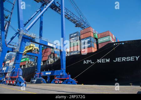 (180923) -- PORT SAID, 23 settembre 2018 -- il cargo che trasporta le mostre del padiglione egiziano per la China International Import Expo si trova a Port Said, nell'Egitto nordorientale, 22 settembre 2018. La società cinese COSCO ha iniziato sabato a spedire le mostre del padiglione egiziano per la China International Import Expo che si terrà a Shanghai, nella Cina orientale, dal 5 al 10 novembre. ) (HY) EGYPT-PORT SAID-CHINA-IMPORT EXPO-EGYPTIAN PAVILION-COSCO-SHIPPING MENGXTAO PUBLICATIONXNOTXINXCHN Foto Stock