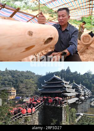 (181001) -- NANNING, 1 ottobre 2018 -- la foto combinata mostra Yang Siyu, l'erede rappresentativo della tecnica di costruzione degli edifici a struttura in legno del gruppo etnico Dong, lavorazione del legno nel distretto di Lingui di Guilin, 27 aprile 2018 (in alto), e il ponte Chengyang Fengyu nella contea autonoma di Sanjiang Dong, nella regione autonoma di Guangxi Zhuang nella Cina meridionale, 7 dicembre 2016. La tecnica di costruzione degli edifici con struttura in legno del gruppo etnico Dong è stata elencata come patrimonio culturale immateriale nazionale. Il Guangxi ora ha 50 oggetti elencati come patrimonio culturale immateriale nazionale, e.. Foto Stock