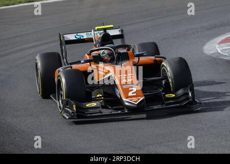 02 DARUVALA Jehan (ind), MP Motorsport, Dallara F2, azione durante la dodicesima prova del Campionato FIA di Formula 2 2023 dal 1 al 3 settembre 2023 sull'autodromo Nazionale di Monza, a Monza, Italia Foto Stock