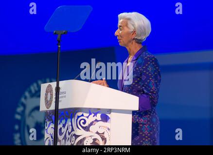 (181012) -- BALI, 12 ottobre 2018 -- l'amministratore delegato del Fondo monetario internazionale (FMI) Christine Lagarde tiene un discorso durante la sessione plenaria del Fondo monetario internazionale (FMI) e la riunione annuale della Banca mondiale tenutasi nell'isola turistica di Bali, Indonesia, il 12 ottobre 2018. ) (dtf) INDONESIA-BALI-FMI-WORLD BANK DuxYu PUBLICATIONxNOTxINxCHN Foto Stock