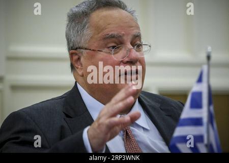 (181017) -- ATENE, 17 ottobre 2018 -- foto del file scattata il 7 settembre 2018 mostra il ministro degli Esteri greco Nikos Kotzias ad Atene, Grecia. Il primo ministro greco Alexis Tsipras ha accettato il 17 ottobre le dimissioni del ministro degli Esteri Nikos Kotzias, secondo una dichiarazione stampa inviata tramite e-mail dall'ufficio del Premier. )(rh) GRECIA-ATENE-MINISTRO DEGLI ESTERI-DIMISSIONI MariosxLolos PUBLICATIONxNOTxINxCHN Foto Stock