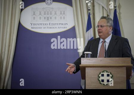 (181017) -- ATENE, 17 ottobre 2018 -- foto del file scattata il 7 settembre 2018 mostra il ministro degli Esteri greco Nikos Kotzias ad Atene, Grecia. Il primo ministro greco Alexis Tsipras ha accettato il 17 ottobre le dimissioni del ministro degli Esteri Nikos Kotzias, secondo una dichiarazione stampa inviata tramite e-mail dall'ufficio del Premier. )(rh) GRECIA-ATENE-MINISTRO DEGLI ESTERI-DIMISSIONI MariosxLolos PUBLICATIONxNOTxINxCHN Foto Stock