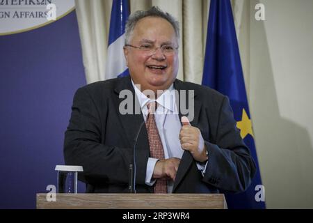 (181017) -- ATENE, 17 ottobre 2018 -- foto del file scattata il 7 settembre 2018 mostra il ministro degli Esteri greco Nikos Kotzias ad Atene, Grecia. Il primo ministro greco Alexis Tsipras ha accettato il 17 ottobre le dimissioni del ministro degli Esteri Nikos Kotzias, secondo una dichiarazione stampa inviata tramite e-mail dall'ufficio del Premier. )(rh) GRECIA-ATENE-MINISTRO DEGLI ESTERI-DIMISSIONI MariosxLolos PUBLICATIONxNOTxINxCHN Foto Stock