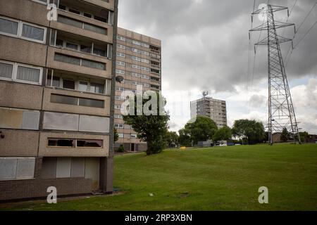 Vista ravvicinata del blocco torre vandalizzato e scendito con altri blocchi e piloni sullo sfondo. Druids Heath Housing estate, Birmingham, Regno Unito, 2023. Foto Stock