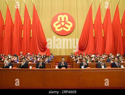 (181030) -- PECHINO, 30 ottobre 2018 -- Xi Jinping, li Keqiang, li Zhanshu, Wang Yang, Wang Huning, Zhao Leji e Han Zheng partecipano all'apertura del XII Congresso Nazionale delle donne (NWC) a Pechino, capitale della Cina, 30 ottobre 2018. ) (Hxy) CHINA-BEIJING-NATIONAL WOMEN'S CONGRESS-OPEN (CN) JuxPeng PUBLICATIONxNOTxINxCHN Foto Stock