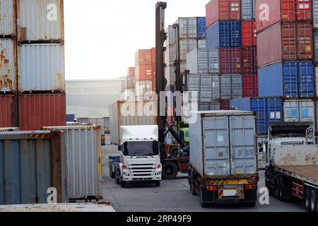 Vista del carrello elevatore a forche per container e del cantiere container Foto Stock