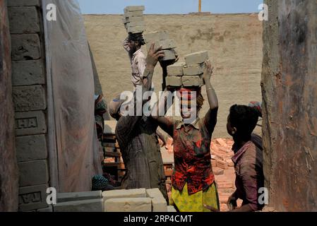 (181104) -- DACCA, 4 novembre 2018 () -- Una lavoratrice porta mattoni sulla testa in una fabbrica di mattoni a Amin Bazar, alla periferia di Dacca, Bangladesh, il 4 novembre 2018. () (psw) BANGLADESH-DHAKA-BRICKFIELD-WORKERS Xinhua PUBLICATIONxNOTxINxCHN Foto Stock