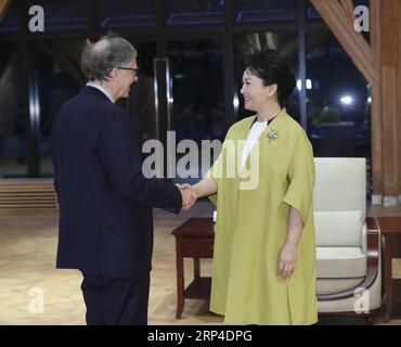 (181105) - SHANGHAI, 5 novembre 2018 - Peng Liyuan (R), moglie del presidente cinese Xi Jinping e ambasciatore di buona volontà dell'Organizzazione Mondiale della Sanità (OMS) per la tubercolosi e l'HIV/AIDS, incontra Bill Gates, co-presidente della Fondazione Bill & Melinda Gates, a Shanghai, Cina orientale, 5 novembre 2018. )(LY) (IMPORT EXPO) CHINA-SHANGHAI-PENG LIYUAN-BILL GATES-MEETING (CN) XIEXHUANCHI PUBLICATIONXNOTXINXCHN Foto Stock