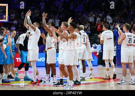 Okinawa Arena, Okinawa, Giappone. 3 settembre 2023. Germania gruppo, 3 SETTEMBRE 2023 - pallacanestro : Coppa del mondo di pallacanestro FIBA 2023 2° turno gruppo K partita tra Germania - Slovenia all'Okinawa Arena, Okinawa, Giappone. Crediti: YUTAKA/AFLO SPORT/Alamy Live News Foto Stock