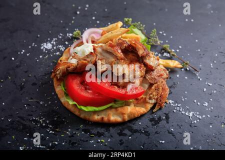 Piatto gyros greco su piatto nero. Cibo delizioso. Souvlaki, shawarma con pita, carne, cipolla, pomodoro, tzatziki, patata. Vista dall'alto Foto Stock