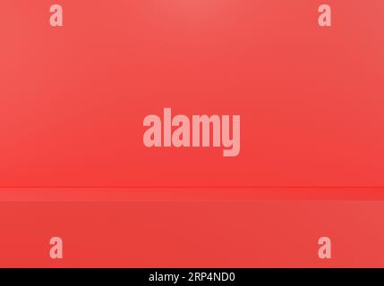 Vista frontale dello scaffale o del bancone vuoto su sfondo rosso con luce naturale della finestra. Esposizione degli scaffali della sala per mostrare il concetto minimo Foto Stock