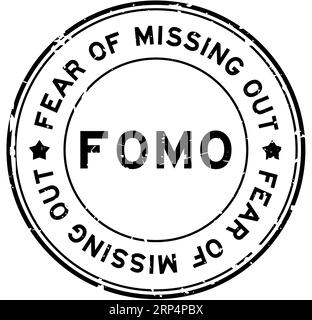 FOMO nero grunge teme di perdere il sigillo in gomma circolare su sfondo bianco Illustrazione Vettoriale