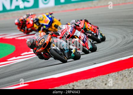 Aron Canet (40) della Spagna e Pons Wegow Los40, Jake Dixon (96) del Regno Unito di Gran Bretagna e Irlanda del Nord e GASGAS Aspar Team e Albert Arenas (75) della Spagna e Red Bull KTM Ajo durante la GARA MOTO 2 del Gran Premio di Catalunya all'autodromo di Montmelo, Spagna il 3 settembre 2023 (foto: Alvaro Sanchez) credito: CORDON PRESS/Alamy Live News Foto Stock