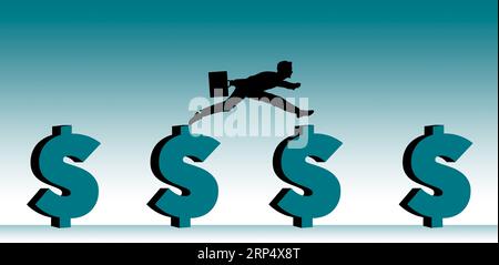 Un uomo d'affari con la sua valigetta che passa da un simbolo di dollaro a un altro lo fa inseguire per tutta la sua carriera in questa illustrazione in 3D. Foto Stock