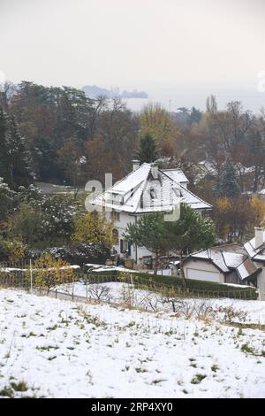 (181120) -- GINEVRA, 20 novembre 2018 -- foto scattata il 20 novembre 2018 mostra alcuni edifici di residenza innevati a Ginevra, in Svizzera. La città svizzera di Ginevra è stata testimone della prima neve quest'inverno.) (dhf) SVIZZERA-GINEVRA-NEVE XuxJinquan PUBLICATIONxNOTxINxCHN Foto Stock