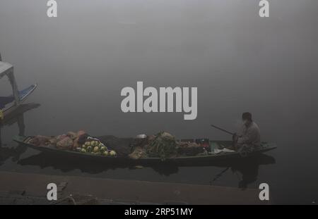 (181123) -- SRINAGAR, 23 novembre 2018 -- Un barcaiolo vende verdure sulla sua barca in mezzo alla fitta nebbia in una fredda mattinata al lago dal nella città di Srinagar, la capitale estiva del Kashmir controllato dagli indiani, 23 novembre 2018. È probabile che piogge nelle pianure e neve nelle zone più alte si verifichino nel Kashmir controllato dagli indiani durante le prossime 24 ore, ha detto un funzionario del dipartimento di meteorologia. ) KASHMIR-SRINAGAR-METEO JavedxDar PUBLICATIONxNOTxINxCHN Foto Stock