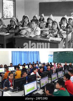 (181126) -- KUNMING, 26 novembre 2018 () -- questa foto combinata mostra gli studenti di Jino che frequentano una lezione sul monte Jino nel 1984 (sopra, foto del file); e studenti che prendono una lezione di computer alla scuola elementare etnica di Jino etnica Township sul monte Jino, 20 novembre 2018 (sotto, foto di Lin Yiguang). Con una popolazione leggermente superiore ai 000 abitanti, il popolo Jino era stato ufficialmente riconosciuto solo nel 1979 come un gruppo etnico indipendente della Cina. Fino al 1949, la maggior parte di loro aveva vissuto per generazioni in tribù primitive di montagna nella provincia dello Yunnan della Cina sud-occidentale. Negli ultimi quattro decenni da quando emb Foto Stock