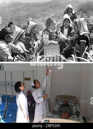 (181126) -- KUNMING, 26 novembre 2018 () -- questa foto di combinazione mostra il medico Jino Bai Lalei (C) che fornisce cure mediche agli abitanti del villaggio sul monte Jino nel 1977 (sopra, foto del fascicolo); e gli operai medici di Jino Zhou Yifang (1st L) e Zhou Jing (2nd L) che somministrano un'iniezione endovenosa per un paziente in un ospedale locale nella cittadina etnica di Jino sulla montagna di Jino, 20 novembre 2018 (sotto, foto di Lin Yiguang). Con una popolazione leggermente superiore ai 000 abitanti, il popolo Jino era stato ufficialmente riconosciuto solo nel 1979 come un gruppo etnico indipendente della Cina. Fino al 1949, la maggior parte di loro aveva vissuto per generazioni in pri Foto Stock