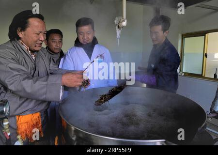 (181128) -- LHASA, 28 novembre 2018 -- Migdrol (1st L), un erede del patrimonio culturale immateriale a livello nazionale di Sowa Rigpa, istruisce i suoi discepoli sul bagno medicinale di Lum di Sowa Rigpa in un ospedale di medicina tibetana a Shannan, regione autonoma tibetana del Tibet, 23 novembre 2018. L'Organizzazione delle Nazioni Unite per l'educazione, la scienza e la cultura (UNESCO) ha iscritto mercoledì il bagno medicinale cinese di Sowa Rigpa nella Lista rappresentativa del patrimonio culturale immateriale dell'umanità, in una convenzione tenutasi a Port Louis, capitale della Repubblica di Mauritius. Il medicinale Lum Foto Stock