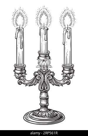 Candelabro d'epoca con candele in fiamme. Illustrazione vettoriale dello stile di incisione dello schizzo del candeliere Illustrazione Vettoriale