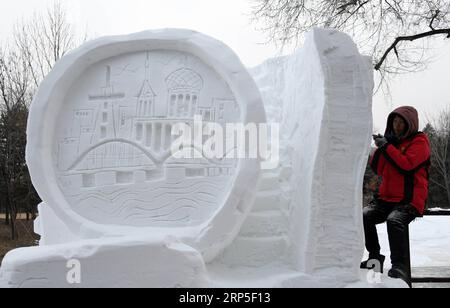 (181212) -- HARBIN, 12 dicembre 2018 -- Un concorrente scolpisce una scultura di neve durante il 6° Concorso universitario di Scultura della neve della provincia di Heilongjiang al Sun Island International Snow Sculpture Art Expo Park di Harbin, capitale della provincia di Heilongjiang nella Cina nordorientale, 12 dicembre 2018. Il 6° Concorso universitario di Scultura della neve della provincia di Heilongjiang è iniziato lunedì con 35 squadre che hanno preso parte al gioco. )(Ly) CHINA-HARBIN-SNOW SCULPTURE (CN) WangxJianwei PUBLICATIONxNOTxINxCHN Foto Stock