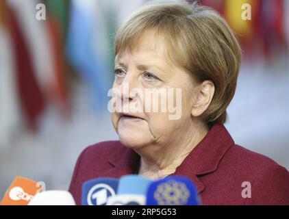 (181213) -- BRUXELLES, 13 dicembre 2018 -- il cancelliere tedesco Angela Merkel parla ai media all'arrivo a un vertice UE di due giorni a Bruxelles, in Belgio, 13 dicembre 2018. ) (lmm) VERTICE BELGIO-BRUXELLES-UE YexPingfan PUBLICATIONxNOTxINxCHN Foto Stock