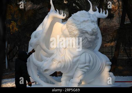 (181214) -- HARBIN, 14 dicembre 2018 -- Una scultura di neve partecipa al 6° Concorso universitario di Scultura di neve della provincia di Heilongjiang al Sun Island International Snow Sculpture Art Expo di Harbin, capitale della provincia di Heilongjiang nella Cina nord-orientale, 13 dicembre 2018. La competizione di quattro giorni si è conclusa giovedì con 35 squadre che hanno preso parte alla partita. ) (Zyd) CHINA-HEILONGJIANG-HARBIN-SNOW SCULPTURES (CN) WangxJianwei PUBLICATIONxNOTxINxCHN Foto Stock