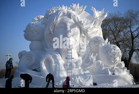 (181214) -- HARBIN, 14 dicembre 2018 -- gli scultori della neve fanno scultura per la prossima 31a esposizione internazionale di scultura della neve di Harbin Sun Island a Harbin, capitale della provincia di Heilongjiang della Cina nord-orientale, 14 dicembre 2018. ) (ly) CHINA-HEILONGJIANG-HARBIN-SNOW SCULPTURES-EXPO (CN) WangxJianwei PUBLICATIONxNOTxINxCHN Foto Stock