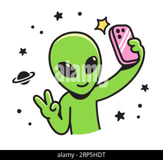 Il simpatico personaggio alieno dei cartoni animati scatta selfie con il telefono. Divertente illustrazione vettoriale. Illustrazione Vettoriale