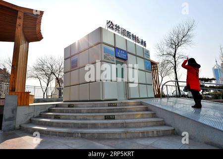 (181218) -- PECHINO, 18 dicembre 2018 -- Un visitatore si trova all'esterno di un bagno pubblico a forma di cubo magico in un'area panoramica a Qingdao, nella provincia dello Shandong della Cina orientale, 30 novembre 2017. La Cina prevede di costruire o ristrutturare circa 21.000 servizi igienici nelle destinazioni turistiche il prossimo anno, ha detto il Ministero della Cultura e del Turismo. La mossa fa parte della rivoluzione dei servizi igienici in corso nell'industria turistica cinese dal 2015 che si propone di fornire ai turisti servizi igienici moderni e puliti. Secondo il ministero, tra il 2015 e il 2017 investì la Cina 1,64 miliardi di yuan (circa 237,8 milioni di dollari) per installare o rinnovare la colomba Foto Stock