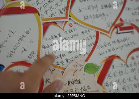 (181219) - PECHINO, 19 dicembre 2018 - Un donatore di sangue legge massegi lasciati da altri donatori allo Xidan Blood Collection Center di Pechino, capitale della Cina, 14 giugno 2012, la nona giornata mondiale dei donatori di sangue. Il numero di donatori di sangue in Cina continua a crescere e le donazioni di sangue registrate hanno raggiunto il picco di 14,59 milioni lo scorso anno, quasi 45 volte il numero del 1998. Il paese ha registrato quasi 6 milioni di donazioni di sangue e 2.065 tonnellate di sangue donato da gennaio a maggio di quest'anno, in aumento rispettivamente del 3,6% e del 5,2% di anno in anno, secondo la National Health Commission (NHC). Il sangue per uso clinico Foto Stock