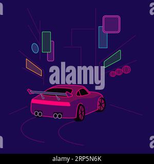 Corse di strada in città. Auto sportiva personalizzata e luci al neon per la città. Semplice illustrazione della progettazione vettoriale. Illustrazione Vettoriale