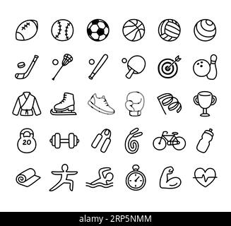 Set di icone della linea sport e fitness disegnate a mano. Semplici scarabocchi da cartoni animati con giochi di palla, attrezzature e altri simboli relativi allo sport. Illustrazione Vettoriale