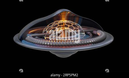 UAP , sistema di propulsione UFO vista interna. Vista interna della nave aliena. Abitacolo del veicolo antigravitazionale. Propulsione aliena. illustrazione del rendering 3d. Foto Stock