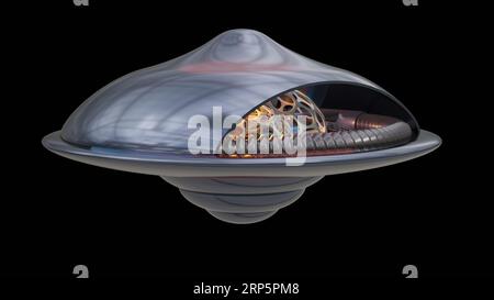 UAP , sistema di propulsione UFO vista interna. Vista interna della nave aliena. Abitacolo del veicolo antigravitazionale. Propulsione aliena. illustrazione del rendering 3d. Foto Stock