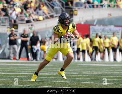 Autzen Stadium, Eugene, OR, USA. 2 settembre 2023. Il quarterback degli Oregon Ducks Bo Nix (10) si arrampica durante la partita di football NCAA tra i Portland State Vikings e la University of Oregon Ducks all'Autzen Stadium, Eugene, OREGON. Larry C. Lawson/CSM/Alamy Live News Foto Stock