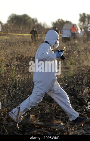 (181225) -- PUEBLA, 25 dicembre 2018 () -- Un membro forense lavora presso il sito dell'incidente di un elicottero a Coronango, Puebla, Messico, 24 dicembre 2018. Il governatore dello stato centrale messicano di Puebla, Martha Erika Alonso, e suo marito Rafael Moreno Valle, ex governatore dello stato, sono stati uccisi in un incidente in elicottero lunedì, ha confermato il capo del Partito Nazionale d'azione Marko Cortes. (/Str) (rtg) MESSICO-PUEBLA-INCIDENTE-ELICOTTERO INCIDENTE XINHUA PUBLICATIONxNOTxINxCHN Foto Stock