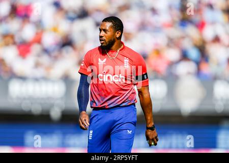 BIRMINGHAM, REGNO UNITO. 3 settembre 2023. Chris Jordan of England during England Men V New Zealand - Third Vitality T20 International all'Edgbaston Cricket Ground domenica 3 settembre 2023 a BIRMINGHAM INGHILTERRA. Crediti: Taka Wu/Alamy Live News Foto Stock