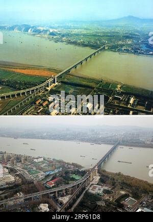 (181230) -- PECHINO, 30 dicembre 2018 () -- la foto combinata mostra il ponte sul fiume Yangtze di Nanchino in passato (superiore) e dopo la ristrutturazione del 27 dicembre 2018 a Nanchino, capitale della provincia di Jiangsu della Cina orientale. () FOTO DEL GIORNO FOTO DEL GIORNO XINHUA PUBLICATIONXNOTXINXCHN Foto Stock