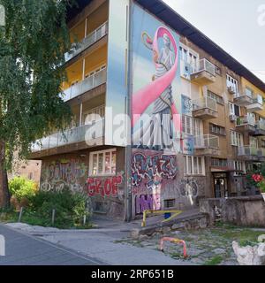 Edificio residenziale a più piani con opere d'arte di strada sul lato della città di Sarajevo, Bosnia ed Erzegovina, 3 settembre 2023 Foto Stock