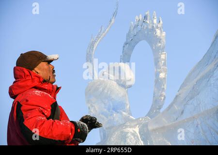 (190102) -- HARBIN, 2 gennaio 2019 (Xinhua) -- Un concorrente scolpisce una scultura di ghiaccio durante un concorso internazionale di scultura di ghiaccio a Harbin, capitale della provincia di Heilongjiang della Cina nord-orientale, 2 gennaio 2019. Alla competizione hanno partecipato in totale 16 squadre provenienti da 12 paesi e regioni. (Xinhua/Wang Song) CHINA-HARBIN-ICE SCULPTURE-COMPETITION (CN) PUBLICATIONxNOTxINxCHN Foto Stock