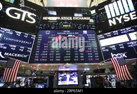 (190102) -- NEW YORK, 2 gennaio 2019 -- gli schermi elettronici con i dati di trading sono visti alla Borsa di New York, negli Stati Uniti, il 2 gennaio 2019. Le azioni statunitensi si sono concluse leggermente più alte mercoledì, iniziando un nuovo anno con una giornata di trading fluttuante. La media industriale di Dow Jones ha chiuso 18,78 punti, o 0,08%, più alto a 23.346,24. Il bordo S&P 500 supera di 3,18 punti, o del 0,13%, 2.510,03. Il Nasdaq Composite Index ha raccolto 30,66 punti, o 0,46%, a 6.665,94. ) U.S.-NEW YORK-STOCKS WangxYing PUBLICATIONxNOTxINxCHN Foto Stock