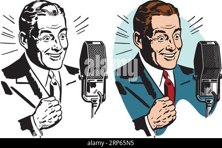 Un'illustrazione vintage retrò di un uomo che fa un annuncio in un microfono. Illustrazione Vettoriale