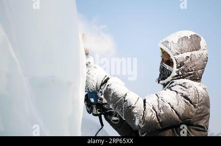 News Themen der Woche KW01 News Bilder des Tages China, Eisskulpturenfestival in Harbin (190103) -- HARBIN, 3 gennaio 2019 (Xinhua) -- Un concorrente scolpisce una scultura di ghiaccio durante un concorso internazionale di scultura di ghiaccio a Harbin, capitale della provincia di Heilongjiang, 3 gennaio 2019. (Xinhua/Wang Jianwei) CHINA-HARBIN-ICE SCULPTURE-COMPETITION (CN) PUBLICATIONxNOTxINxCHN Foto Stock