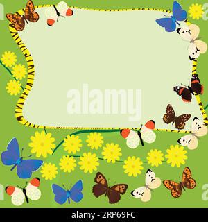 Tabellone di annunci ambientato su un ramoscello fiorito con farfalle intorno; splendido spazio copioso con fiori e farfalle intorno Illustrazione Vettoriale